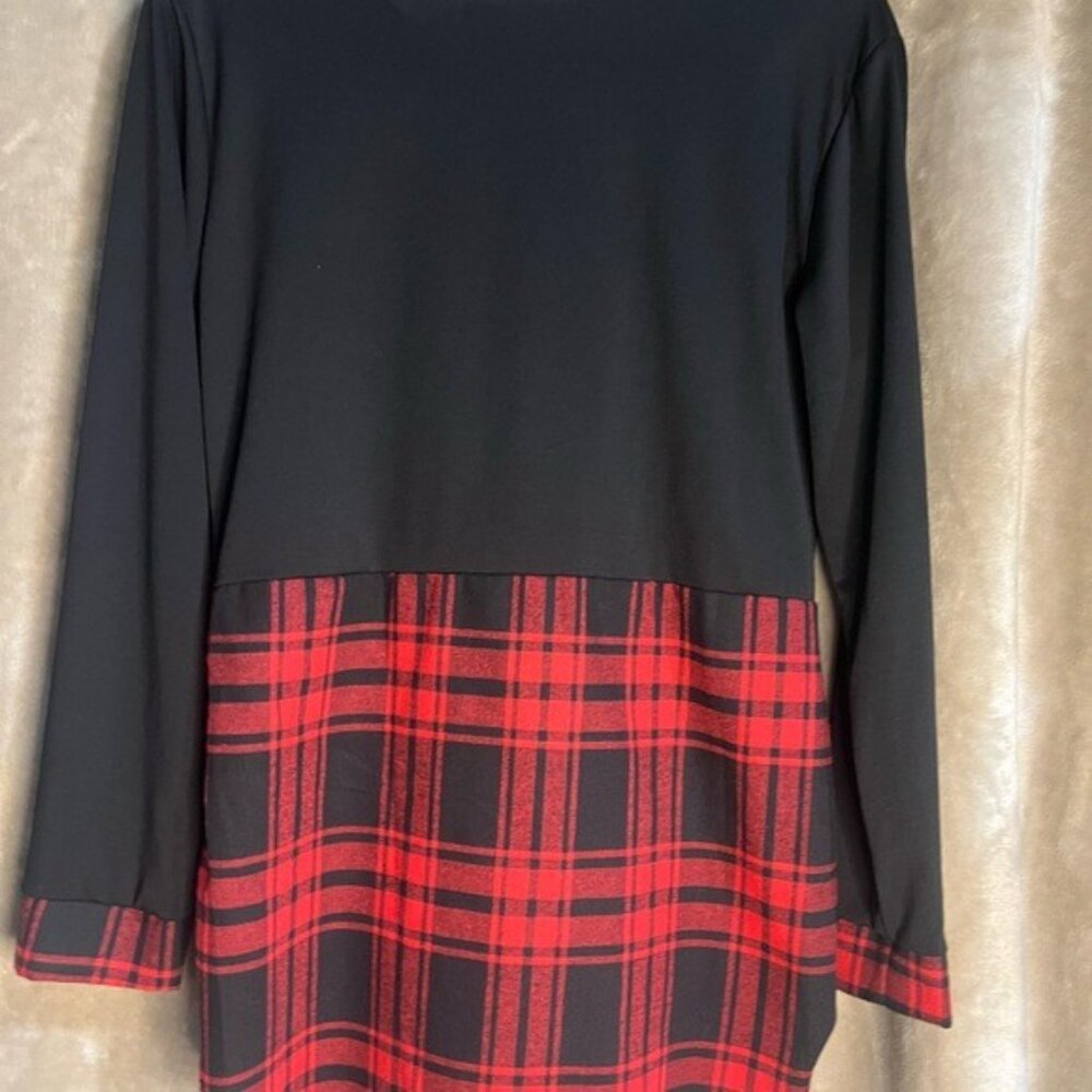 Black Long Sleeve Tunic Top Red Buffalo Plaid Cuff Hemline Round Neckline Large - Picture 4 of 10